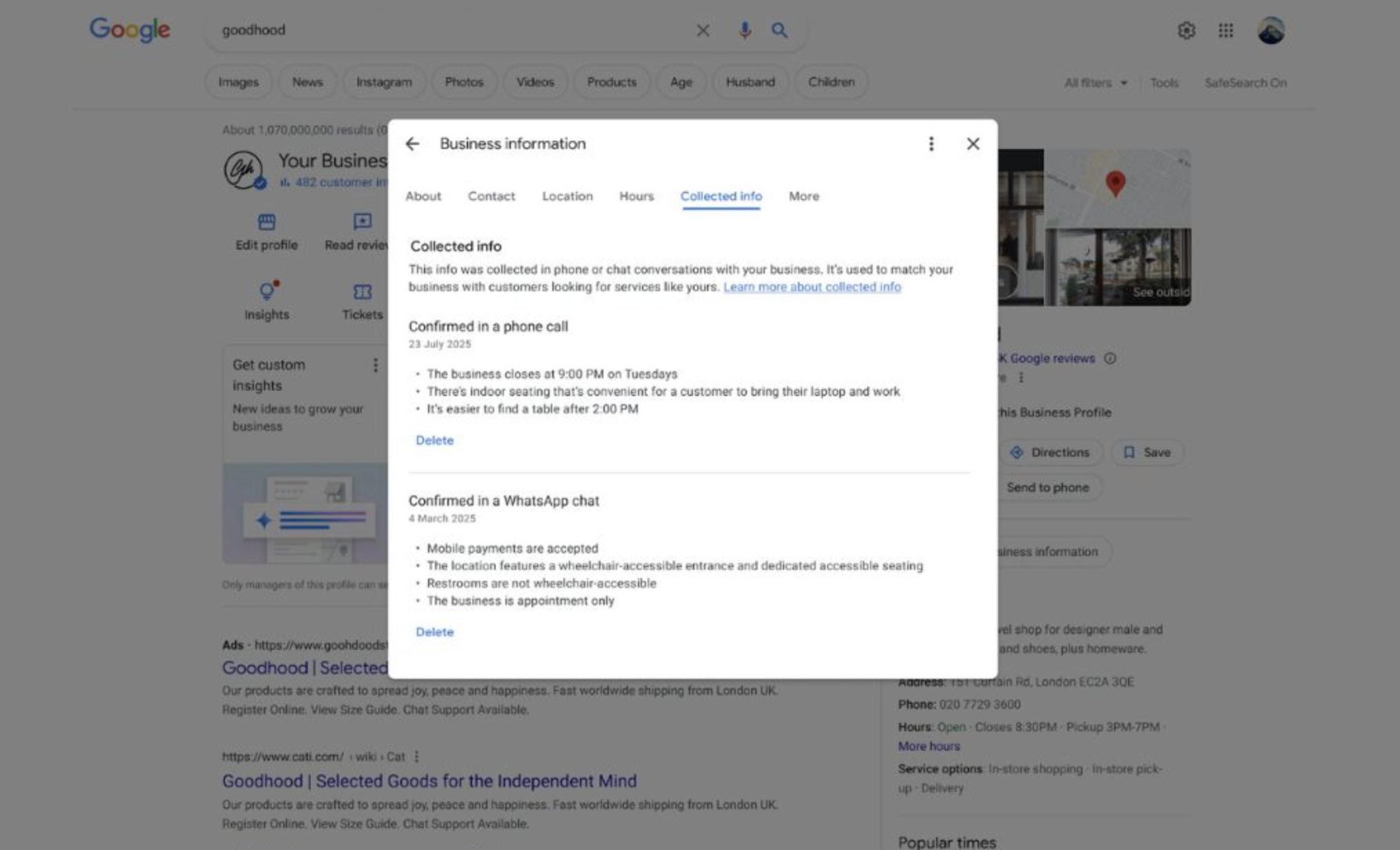 Les entreprises peuvent supprimer les données collectées. © Google